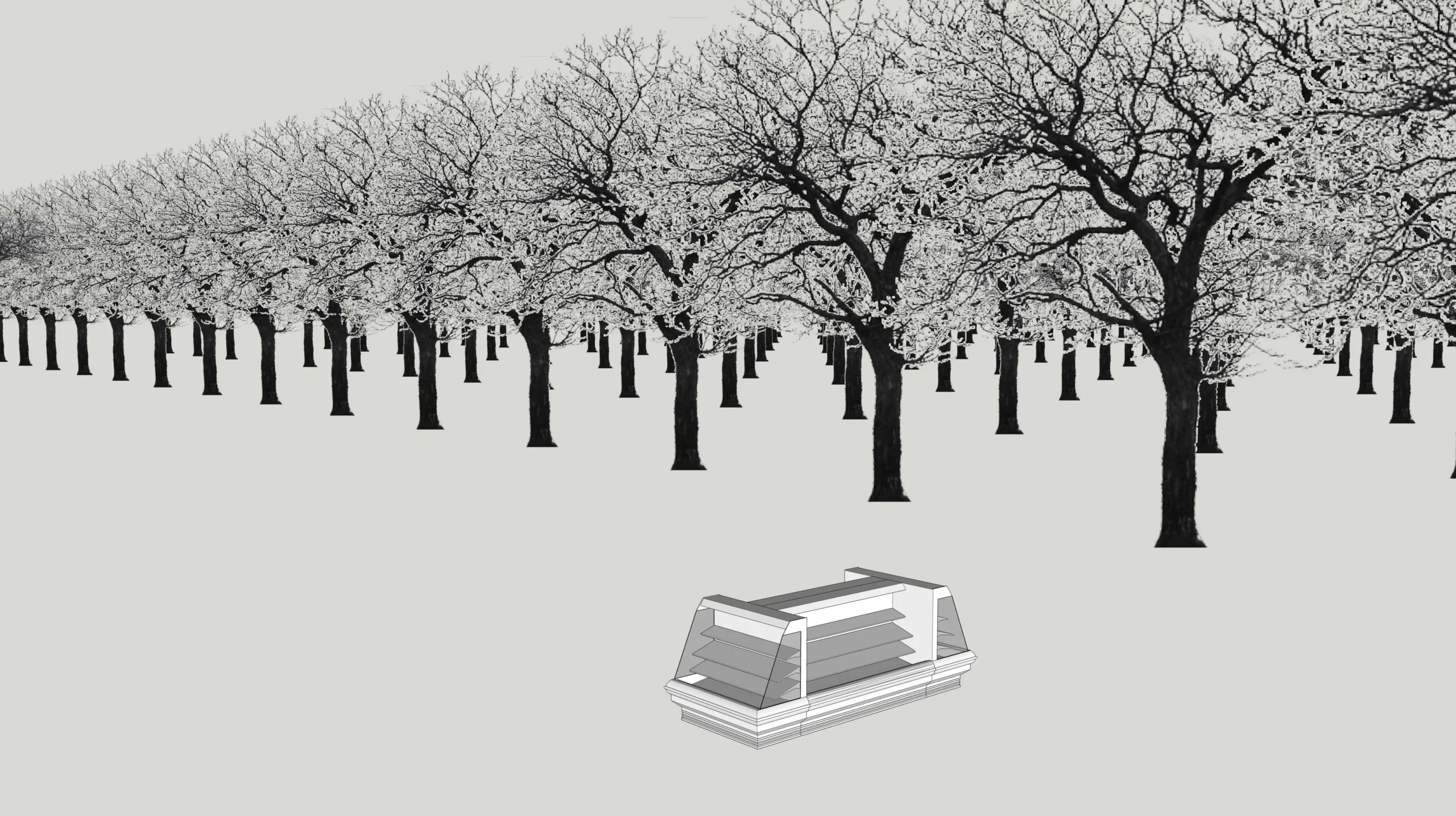 A monotone image of a clip art empty food refrigerator at the edge of a forest of clip art, repetitive tree illustrations.